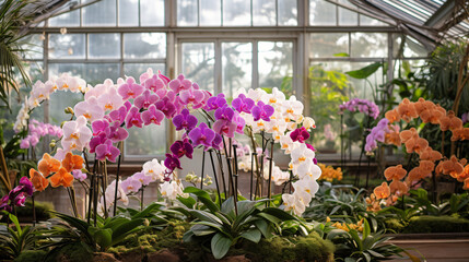 Fototapeta na wymiar A greenhouse full of exotic orchids.