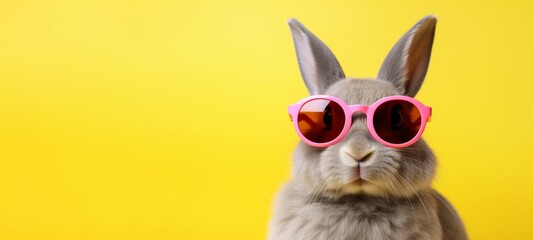 Fototapeta premium Funny easter concept holiday animal celebration greeting card - Cool easter bunny, rabbit with pink sunglasses, isolated on yellow background