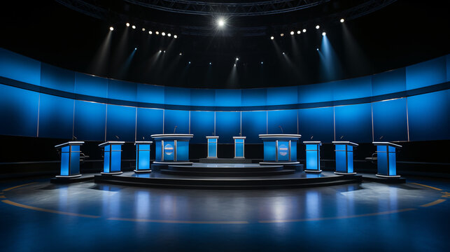 An empty US election debate stage before the candidates arrive.