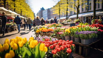 A bustling flower market in Amsterdam.