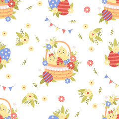 Seamless pattern with little chicks in Easter basket