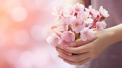 Beautiful female hands holding a branch of blooming fruit trees and flowers, hands touch cherry...