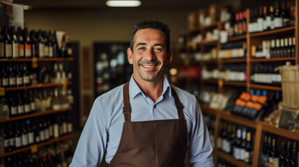Young sommelier dressed in a shirt against the background of a large wine store