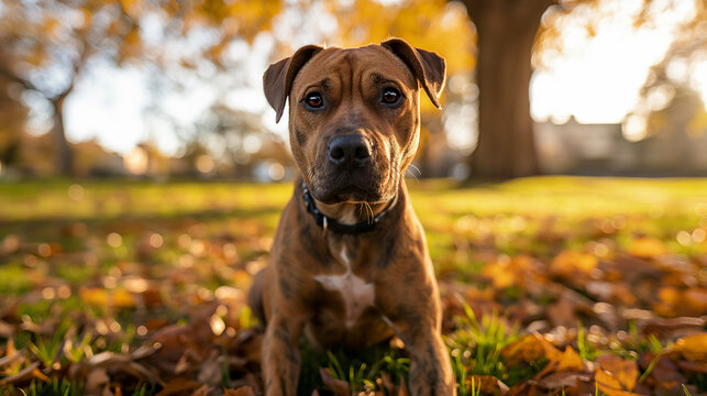 Ein Boxer-Labrador im Park schaut in die Kamera