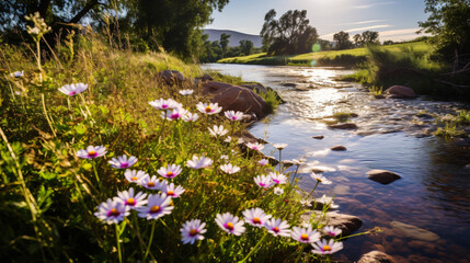 Obraz na płótnie Canvas A riverside scene with wildflowers in bloom.