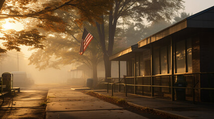 A serene early morning scene at a US election polling place before opening.