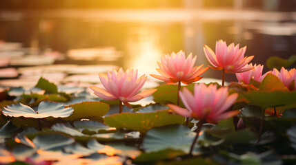 A serene lotus pond at sunset. - obrazy, fototapety, plakaty