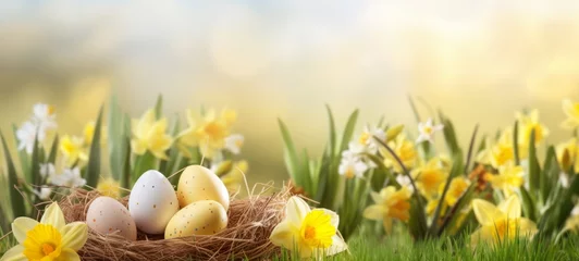 Selbstklebende Fototapete Wiese, Sumpf Easter holiday celebration banner greeting card banner - White yellow easter eggs in a bird nest basket and yellow daffodils flowers