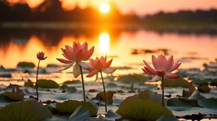 A serene lotus pond at sunset. - obrazy, fototapety, plakaty