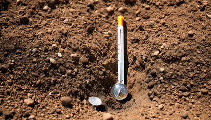 Image of a mercury thermometer planted on the ground in a desert with the scorching sun. Reference to climate change.