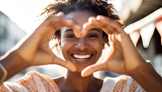 Close up image of smiling woman in swimwear on the beach making a heart shape with hands , Pretty joyful hispanic woman laughing at camera outside , Healthy lifestyle, self love and body care.