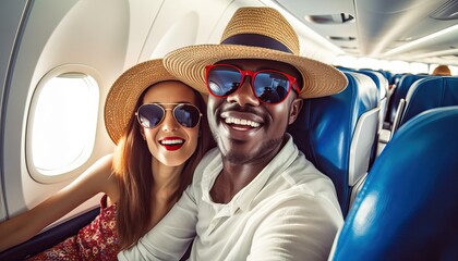 Happy tourist taking selfie inside airplane , Cheerful couple on summer vacation , Passengers boarding on plane , Holidays and transportation