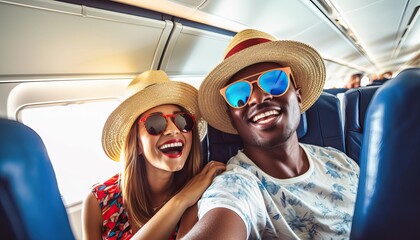 Happy tourist taking selfie inside airplane , Cheerful couple on summer vacation , Passengers boarding on plane , Holidays and transportation