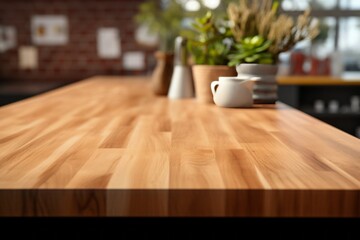 Stylish Kitchen Wooden Tabletop for Product Display in a Vibrant and Light-Filled Modern Interior