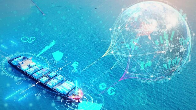Artificial intelligence container Ship wtih Earth, Data science and big data technology for transportation logistics shipping tracker. transportation computing, analysing 