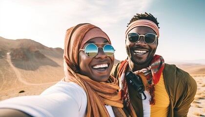 Happy couple of travelers taking selfie picture in rocky desert , Young man and woman having fun on summer vacation , Two friends enjoying summertime moment , Life style and travel.