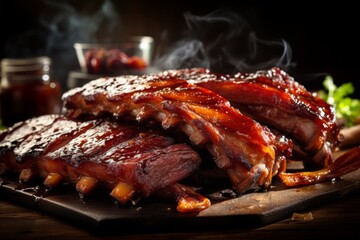 Close up of juicy barbecue pork ribs, expertly sliced and seasoned for mouthwatering delight - obrazy, fototapety, plakaty