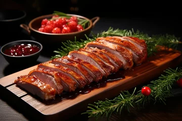 Foto op Canvas Close up of succulent roasted sliced barbecue pork ribs with juicy, tender slices of meat © Ilja
