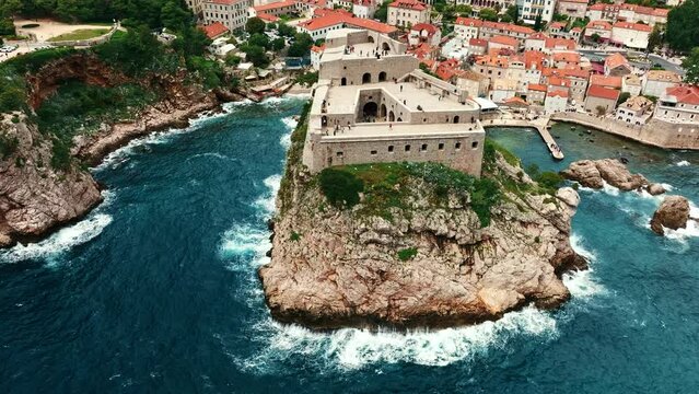Aerial view of Dubrovnik Old Town fortress, Croatia. Historic centre of Croatia, major tourist attraction in Europe in summer.