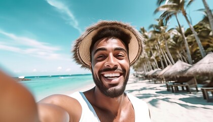 Happy man with hat and sunglasses taking selfie picture with smartphone at the beach