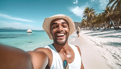 Handsome young man taking selfie at beach summer vacation , Smiling guy having fun walking outside , Summertime holidays and technology