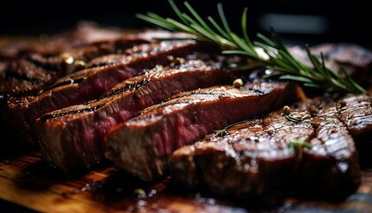 Succulent, juicy ribeye steak slices, showcasing mouthwatering tenderness and rich flavor - obrazy, fototapety, plakaty