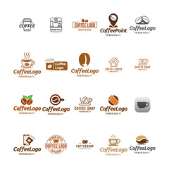 Coffee logo set. Premium espresso icons collection. Cafe Latte hot drink mug symbols vector illustrations.