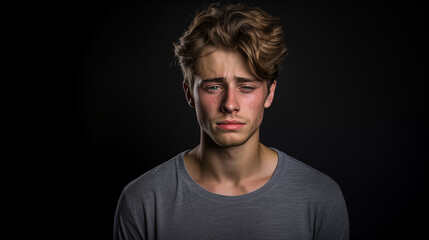 A young man is crying. The concept illustrates society's narrative that guys don't cry.