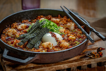 Rock Shrimp, Bacon & Kimchi Rice Skillet - rock shrimp, bacon, nori, egg, kabayaki, gochujang sauce, scallion ginger oil