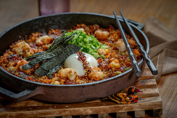 Rock Shrimp, Bacon & Kimchi Rice Skillet - rock shrimp, bacon, nori, egg, kabayaki, gochujang sauce, scallion ginger oil