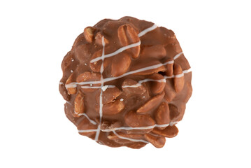 Top view of round cookies with nuts covered with chocolate glaze isolated on white background.