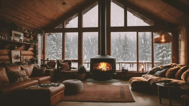 In a snowy woods, a cozy house with a warm fireplace. Peek out the window, and you'll see snow falling down