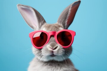 Cute bunny with pink glasses on blue background. Valentines day greeting card.Cute rabbit in pink glasses