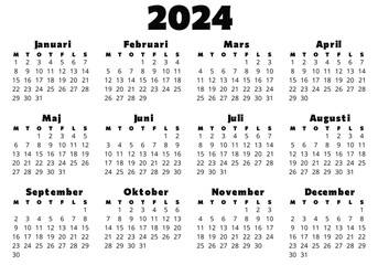 SWEDISH calendar for 2024. Printable, editable vector illustration for Sweden. 12 months year kalender