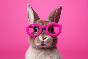 Cute bunny with pink glasses on pink background. Valentines day greeting card.Cute rabbit in pink glasses