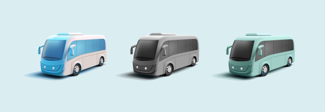 3d realistic bus render illustration set in different colors, modern public transport concept car