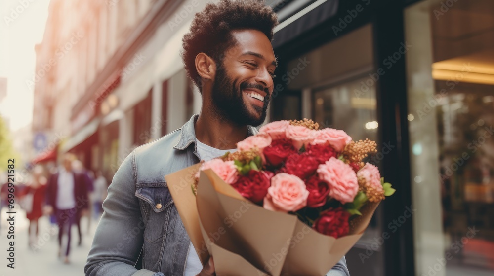 Wall mural a man prepares to surprise his girlfriend with a beautiful bouquet of flowers. valentine's day lifes