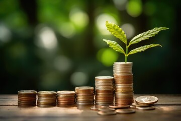 Close-up macro photo of tree growing on coins stacks, business growth and financial success concept. Concept of saving, investment, money growing.