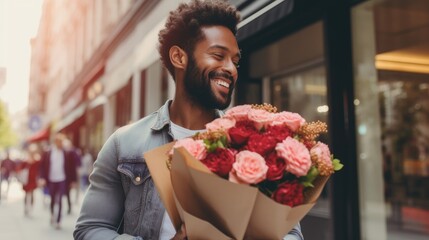 A man prepares to surprise his girlfriend with a beautiful bouquet of flowers. Valentine's Day lifestyle Concept.