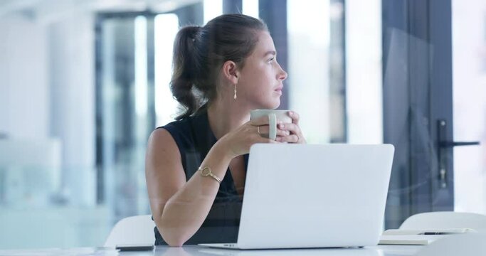 Business woman, laptop and thinking with coffee by window in dream, morning or career ambition at office. Female person or employee in wonder, vision or decision by computer for proposal at workplace