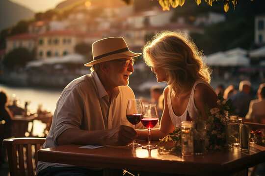 Happy elderly couple is relaxing and drinking red wine from glasses in cafe in seaside town outdoors