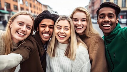 Multicultural young people smiling at camera outside , Millenial friends having fun hanging on city street , Friendship concept with guys and girls enjoying day out together , Youth community