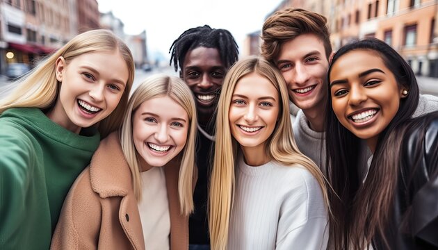 Multicultural young people smiling at camera outside , Millenial friends having fun hanging on city street , Friendship concept with guys and girls enjoying day out together , Youth community
