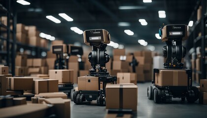 Close up of automation and robots in shipping warehouse for e-commerce and online shopping
