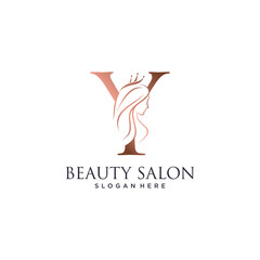 Woman beauty logo design vector illustration with letter y and crown icon - obrazy, fototapety, plakaty