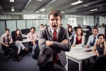 Angry businessman shouting looking at the camera and his workers on background