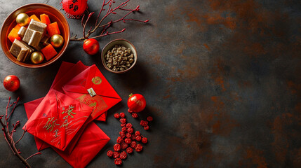 An arrangement of red envelopes (hongbao) and traditional candies, Chinese New Year, Flat lay, top view, with copy space