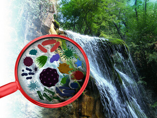 Magnifying lens with simulated plankton, germs, viruses, bacteria in a mountain river, in a...