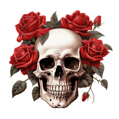 Skull and roses flowers hand drawn with tattoo vintage print