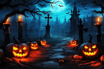 Spooky Halloween Night in a Graveyard